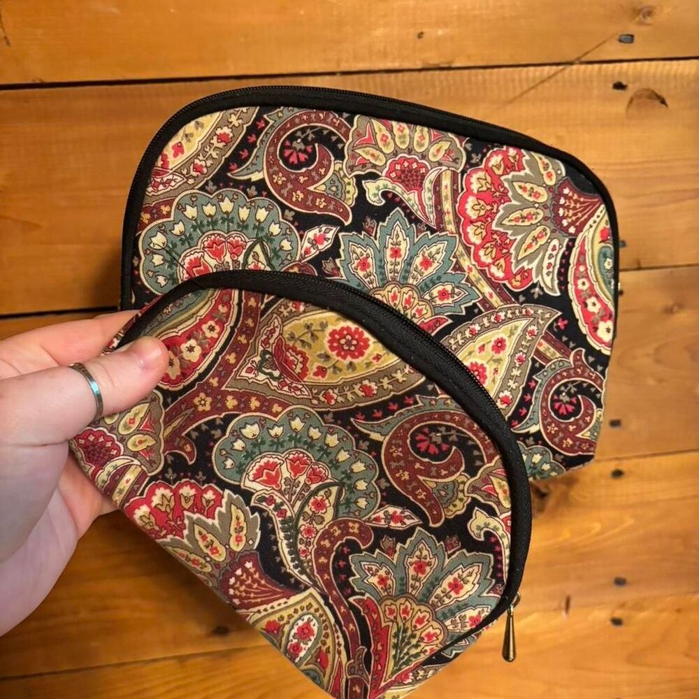 Multi-colored paisley print makeup bags